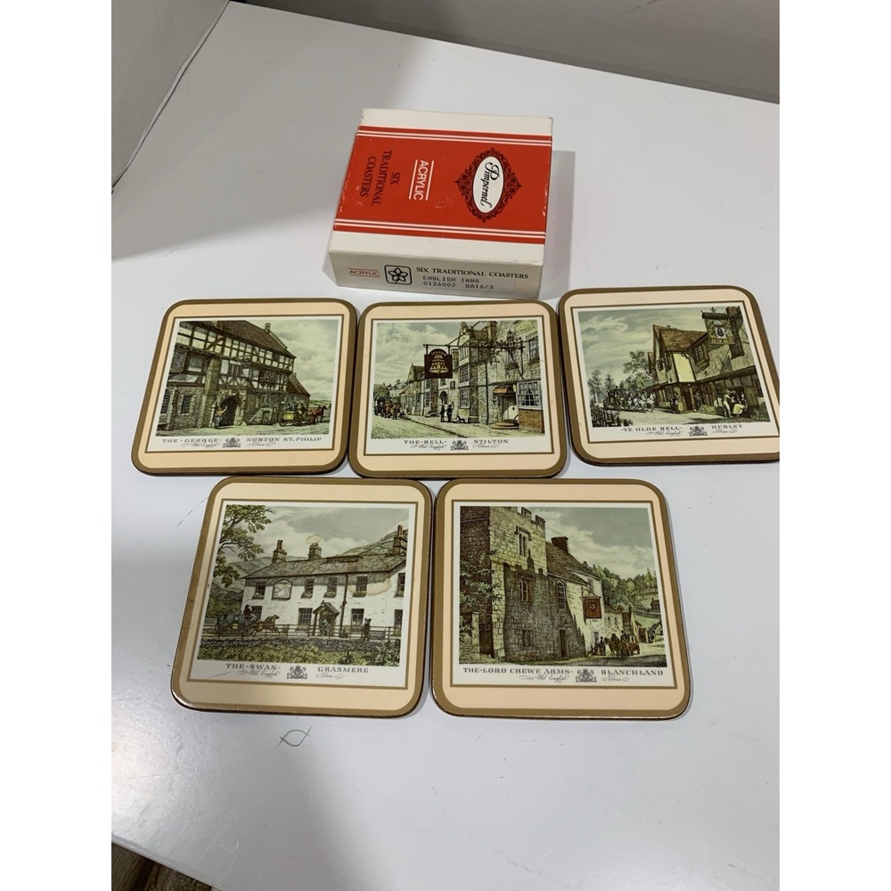 Vintage Set of Five Large Pimpernel ENGLISH INNS Coasters Cork Backed England